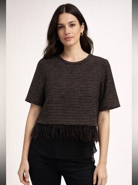 Greylin mixed media Chic Black and White tweed Top with feather
